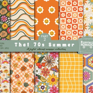 70s Retro digital paper pack, Floral Pattern Summer Digital Paper, Seventies Hippie Summer Retro Background Groovy Flower pattern trendy