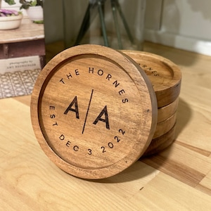 Personalized Cherry Wood Square Coaster Set – Hailey Home