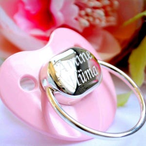 Pink Baby Name Pacifier, Baby Shower Gift to Baby Girl, Personalized Infant New Born Girl Named  Engraved Silver monogram Infant Kid Jewelry