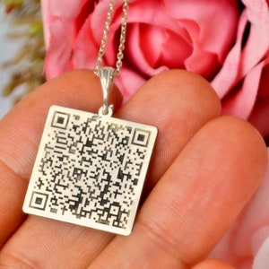 Custom Qr CODE Necklace, Hidden Message Romantic Anniversary Gift for Lover, Personalized Barcode 14 GOLD, Silver Website engraved Necklace