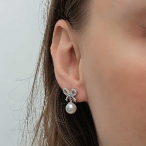 PEARL BOW Stud SILVER Knotted Dangle Earrings