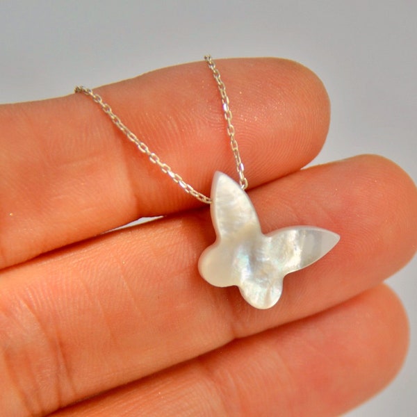 White Mother of pearl Butterfly 925 sterling silver Necklace Jewelry, Gift for Re born new chance meaning Petite animal Necklace