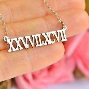 Roman Number DATE Necklace, Anniversary Gift For Wife, Custom Silver Unisex Time Written Romantic Customized Personalized Year Gold Jewelry