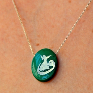 Whirling Darvish Green NECKLACE, Birthday Gift to Rumi Lover, Vav Calligraphy Jewelry, Vaw Letter Charm, Wav Sufi Jewelry, Dervish Necklace