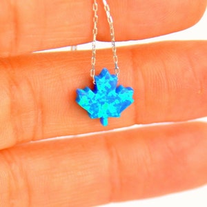 OPAL MAPLE LEAF Necklace, Birthday Gift for Canadian Wife, Family Tree branch Symbol, Oak Leaves Charm, Blue Gemstone Canada Flag Jewelry