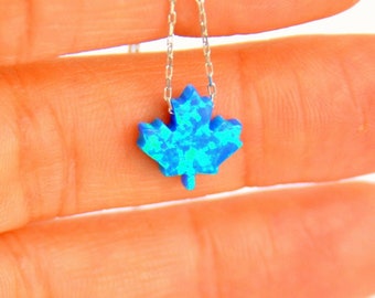Blue OPAL Gemstone Petite MAPLE LEAF Silver Canadian Necklace