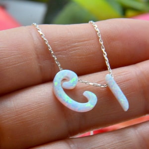 Opal Waw Alif Necklace, Birthday gift Sufi, Elif Vaw Charm- White Elif VAV Letter Gemstone, Blue Spiritual Vaw Alif Sterling Silver Charm