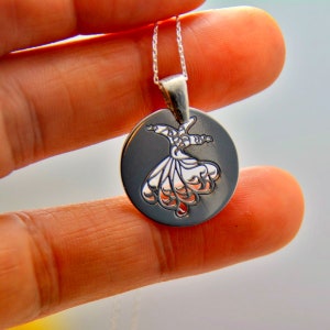 Whirling Darvish Engraved Necklace, Birthday Gift for Sufi Wife, Rumi Custom Unisex Disc Silver Jewelry, Mevlana Sama Semazen, 40 Rule Love