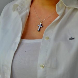Gray gemstone CROSS NECKLACE, Baptist Gift to Christian Children, grey hematite Crucifix Rood Church Religious Jesus Love SILVER Necklace