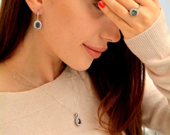 Sterling Silver Mystic Topaz Jewelry Set, November Birthstone Necklace Earrings Ring