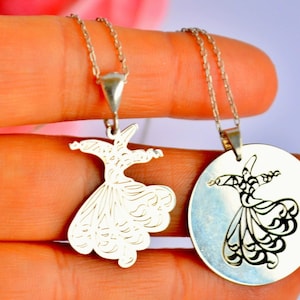 RUMI Whirling DARVISH NECKLACE, Gift To Sufi Lover, Turning Dervish Mavlana Semazen Disc, Jaladdin Mevlevi silver Handmade masnawi jewelry