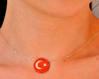 Red Crescent Opal Necklace, Birthday Gift for Turkish Lady, Turkey Crescent Gemstone Silver Necklace, New Moon and star Turkish Flag Charm