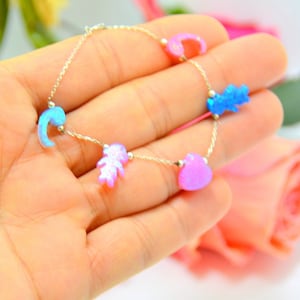 OPAL heart girl boy waw letter Charm SILVER BRACELET, Birthday Gift for mother to be, Pink girl opal, Arabic vaw letter jewelry, pink heart