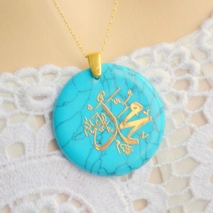 Arabic Muhammad Calligraphy Necklace, Wedding Gift to Muslim Bride, Turquoise Round Muslim God Name, Gold Arabic Handmade Silver Jewelry