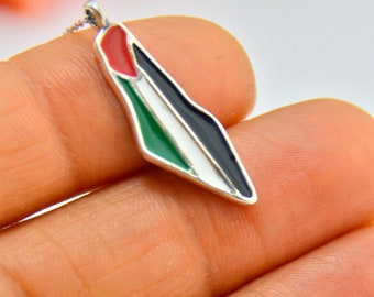 PALESTINIAN MAP FLAG Necklace, Birthday Gift for Free Gaza Supporter, Support Palestine Protestor Silver Jewelry, Jerusalem Protest Necklace