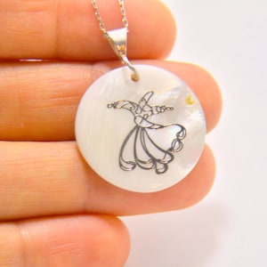 Whirling Dervish Rumi Necklace, Birthday Gift for Sufi woman, White Mother of Pearl Gemstone Darvish engraved Silver Charm Mawlana Jewelry