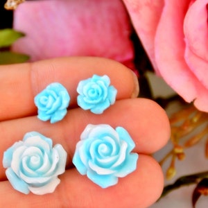 3D Blue Rose Earring, Romantic Summer happy Gift to Lover, Handmade Mint Silver Stud Earring, Birthday Party Fashion, Mom daugther Jewelry