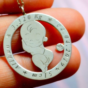 BABY Birth date Custom Necklace, Mother to Be Silver Customized Gift, Custom made  Infant Birthday Information Jewelry, Baby Shower Mother
