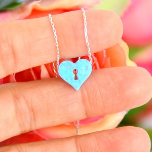 Blue OPAL HEART NECKLACE, Anniversary Romantic Gift for Lover, Gemstone Heart with Key hole Charm Jewelry, Heart beat Love Mean Chic Jewelry