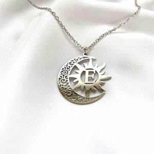 Crescent Sun Personalized Necklace, You are my Sun Moon Christmas Gift to Him, Silver Initial Name Custom Capital Customized letter Jewelry