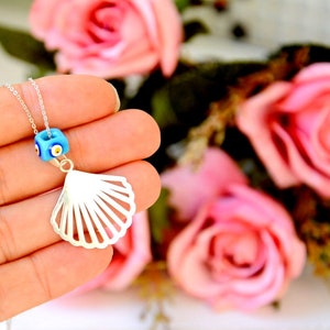 Sea Shell Evil eye Silver Necklace, Cowrie Seashell Jewelry, Cowry Bead, Coated Beach Marine