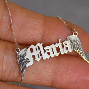 Customized Angel  wings Necklace, Custom Birthday gift to Little Angle, Nefertiti Name Plate engraved Bird Wing Personalized Silver Jewelry