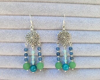 Earrings | Chandeliers3 | Agate Azurite Jade Aquamarine Hanging Earrings Mandala Ear Hooks 925 Silver Boho Jewelry Hippie Style