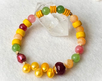 Pulsera | alegría | Jade ágata rubí perlas de agua dulce cerámica chapada en oro pulsera de hematita pulsera elástica joyería Boho