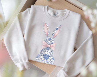 Chinoiserie Bunny with Coquette Bow | Toile Bunny Digital Download | PNG for Sublimation DTF | Easter Bunny Clipart | Blue Floral Spring Png