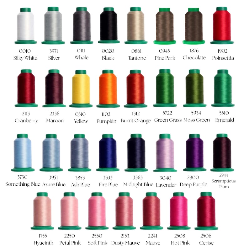 May include: A collection of thirty-two spools of embroidery thread arranged in four rows. Each spool features a unique color, including shades of white, gray, black, brown, red, yellow, orange, green, blue, purple, and pink, with labels.