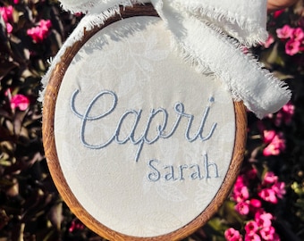 Custom Embroidered Floral Baby Name Announcement Hoop with Bow | Keepsake Nursery Decor | Baby Shower Gift