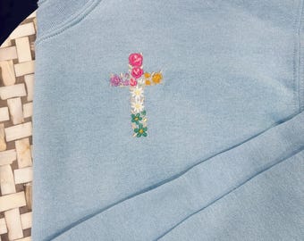 Floral Cross Embroidered Crewneck