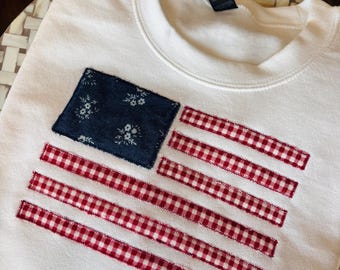 American Flag Fabric Applique Embroidered Crewneck
