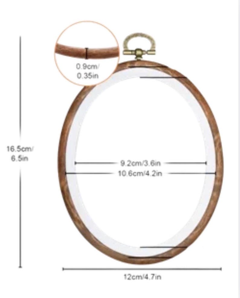 May include: An oval embroidery hoop with a wood-grain finish and a brass-colored metal tension screw at the top. The hoop measures 6.5 inches in height, 4.7 inches in width, with a 0.35 inch thickness and a 3.6 inch inner width.