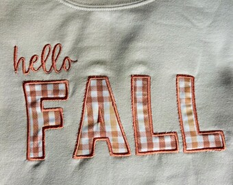 Hello Fall Plaid Applique Embroidered Crewneck