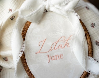 Custom Embroidered Floral Baby Name Announcement Hoop with Bow | Keepsake Nursery Decor | Baby Shower Gift