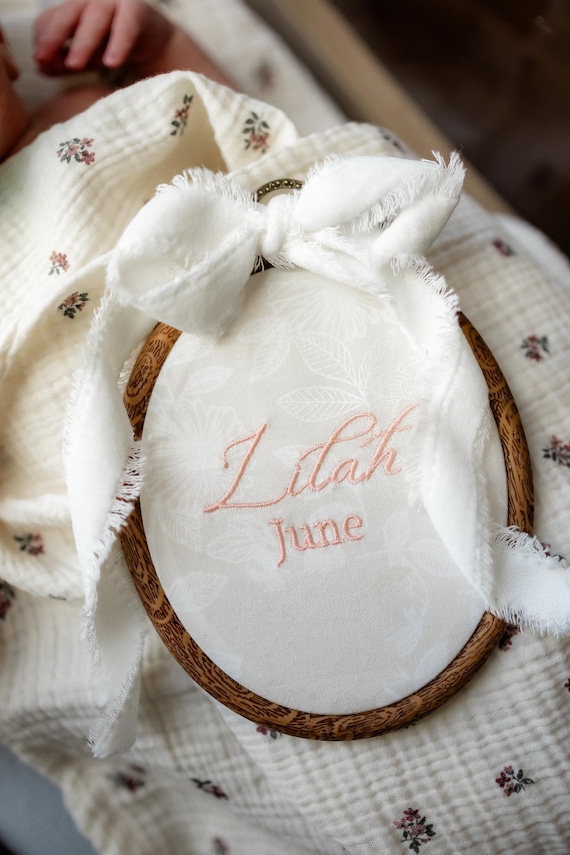 Custom Embroidered Floral Baby Name Announcement Hoop with Bow | Keepsake Nursery Decor | Baby Shower Gift
