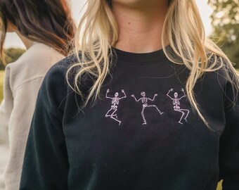 Dancing Skeletons Halloween Embroidered Crew Neck Sweatshirt