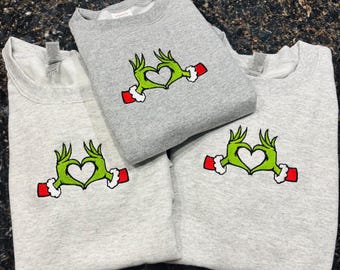 Grinch Heart, Embroidered Crewneck - Adult