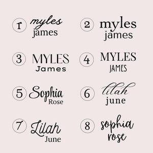 May include: A typography chart featuring eight numbered options displaying the names Myles James, Sophia Rose, and Lilah June in various black font styles, including script, serif, and sans-serif typefaces on a light background.