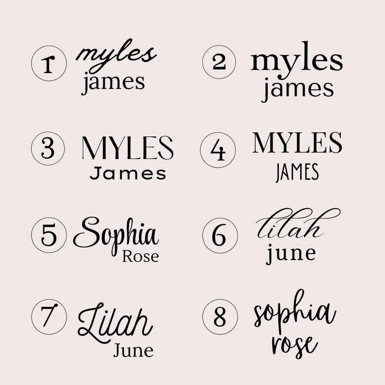 May include: A typography chart featuring eight numbered options displaying the names Myles James, Sophia Rose, and Lilah June in various black font styles, including script, serif, and sans-serif typefaces on a light background.