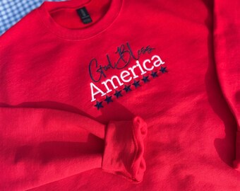 Patriotic God Bless America Embroidered Crewneck