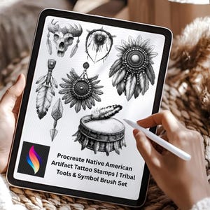 May include: A digital tablet shows Native American tattoo stamp designs. The black and white illustrations include a skull, dream catcher, feathers, and a drum. The tablet also shows the Procreate app logo and text: "Procreate Native American Artifact Tattoo Stamps | Tribal Tools & Symbol Brush Set."