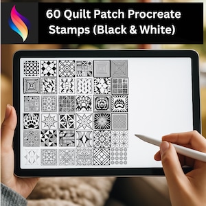 May include: A digital tablet displays 60 black and white quilt patch Procreate stamps. The stamps feature various geometric and abstract designs. The tablet is held by a person, with a stylus pointing towards the screen. The top of the screen displays the text: "60 Quilt Patch Procreate Stamps (Black & White)".