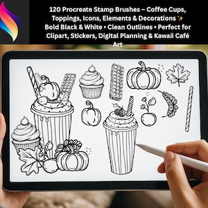 May include: A digital tablet displays black and white Procreate stamp brushes. The image includes coffee cups, toppings, icons, and decorations. Text at the top reads "120 Procreate Stamp Brushes" and "Perfect for Clipart, Stickers, Digital Planning & Kawaii Café Art."