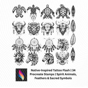 May include: Black and white illustrations of turtles, bison skulls, dream catchers, horses, and feathers. The image includes the text "Native-Inspired Tattoo Flash | 34 Procreate Stamps | Spirit Animals, Feathers & Sacred Symbols."