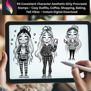 May include: A digital tablet screen displays three black and white line art illustrations of characters with long hair, wearing plaid outfits. The text at the top reads: 65 Consistent Character Aesthetic Girly Procreate Stamps – Cozy Outfits, Coffee, Shopping, Baking, Fall Vibes – Instant Digital Download.