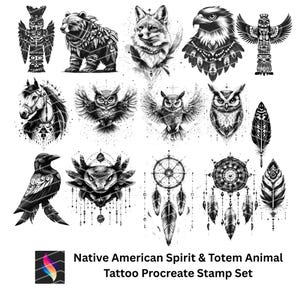 Puede incluir: Ilustraciones en blanco y negro de animales espirituales nativos americanos y diseños de tótems, incluyendo un oso, un zorro, un águila, un búho, un caballo, un cuervo y atrapasueños. El texto dice "Native American Spirit & Totem Animal Tattoo Procreate Stamp Set."