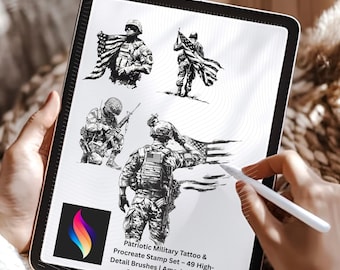 Puede incluir: Una tableta digital muestra un conjunto de tatuajes militares patrióticos y sellos Procreate. El conjunto incluye 49 pinceles de alta detalle con águilas americanas, soldados, banderas y calaveras. La imagen muestra cuatro ilustraciones de soldados con banderas americanas.