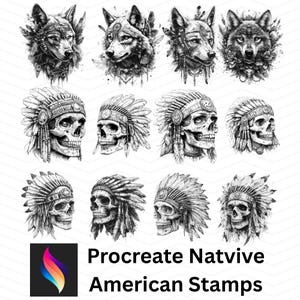 May include: Black and white digital art featuring detailed illustrations of wolves and skulls wearing Native American headdresses. The text "Procreate Natvive American Stamps" is displayed at the bottom.